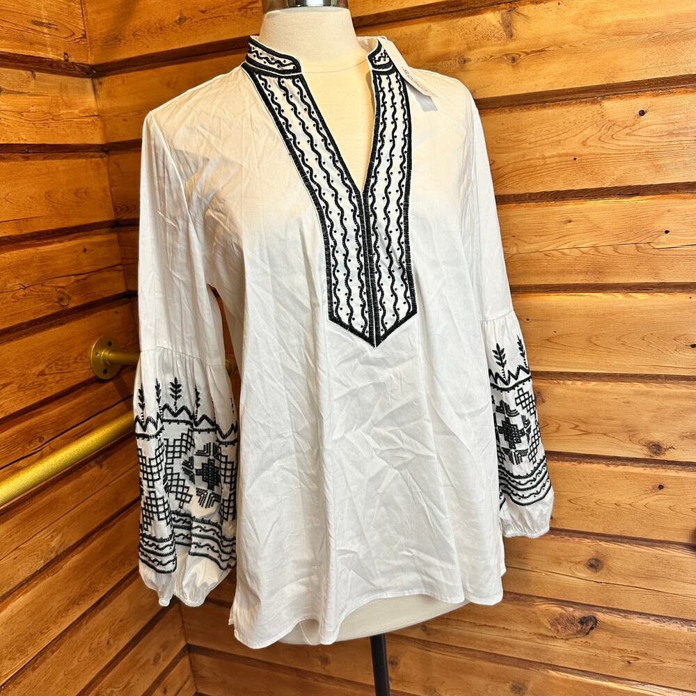 Chico's NWT Embroidered Boho Tunic Blouse White Black Beaded Size 10